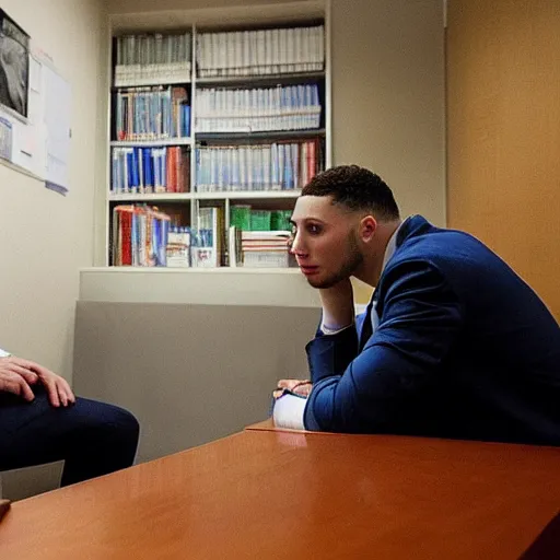 Prompt: an extremely distraught ben simmons being counselled by a sinister psychiatrist in a dingy office