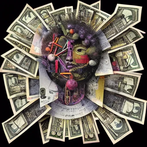 Image similar to post - punk new age album cover, asymmetrical design, dollar bank notes, capitalism, magic, apocalypse, psychedelic, black white pink, magic, giger h. r., giuseppe arcimboldo