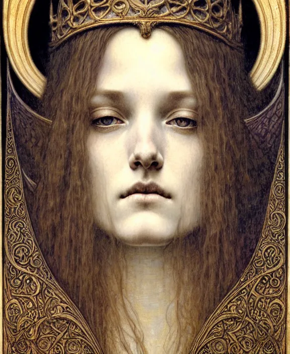 Image similar to detailed realistic beautiful young medieval queen face portrait by jean delville, gustave dore and marco mazzoni, art nouveau, symbolist, visionary, gothic, pre - raphaelite. horizontal symmetry