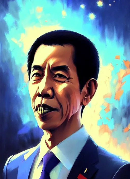 Prompt: a portrait of jokowi, fine - face, realistic shaded perfect face, fine details. blue - ish cosmic setting. very anime style. realistic shaded lighting poster by ilya kuvshinov katsuhiro, raden saleh, basuki abdullah, jeremy lipkin and michael garmash, rob rey and kentaro miura style, trending on art station