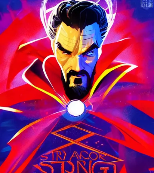 Image similar to poster art of dr strange rendered in the style of into the spiderverse