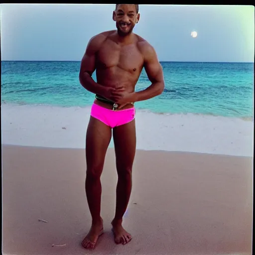 Image similar to will smith wearing a pink speedo on a moonlit beach in miami in the 8 0 s, polaroid photo