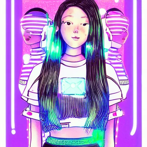 Image similar to very symmetrical fruits magazine steetwear photo of cute cool fashion worn by teens teens in the far future with glowing led lights, futuristic!!! haute couture fashion!!!!, nanotechnology cybernetics!!! solar power prosthetic, illustration style of ai yazawa