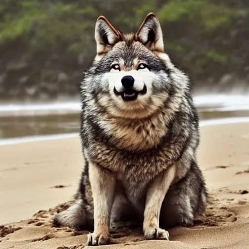 Prompt: an adorable but fierce chubby wolf with rabbit ears, Smiling at the camera with a mischievous grin, at a tropical beach