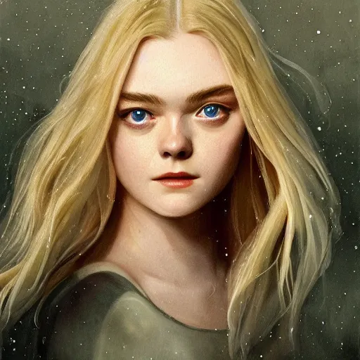 Prompt: professional painting of Elle Fanning in the style of John Harris, head and shoulders portrait, symmetrical facial features, smooth, sharp focus, illustration, intricate, stormy weather, extremely detailed masterpiece,