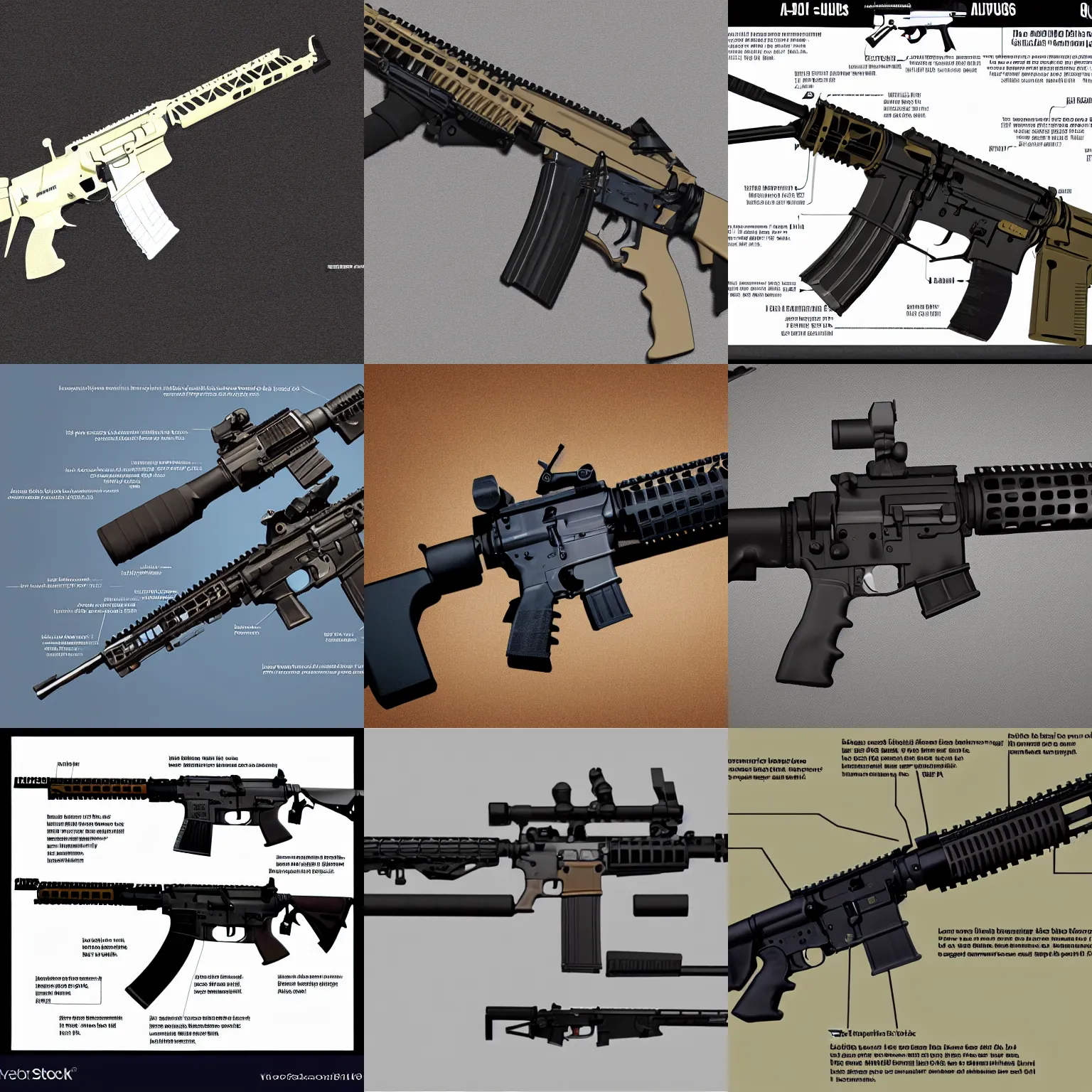 Prompt: exploded diagram of ar - 1 5 assault rifle, high quality,