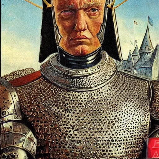 Prompt: knights armor, donald trump, crown, donald trump's face, detailed face, posing like a knight, boots!!!, vibrant colors, medieval castle, by hans thoma