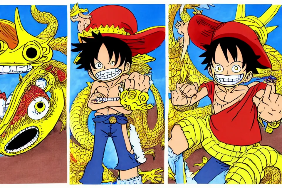 Image similar to concept sketches of luffy wearing a gold crown riding a large dragon by jamie hewlett, in the style of megaman, micro detail