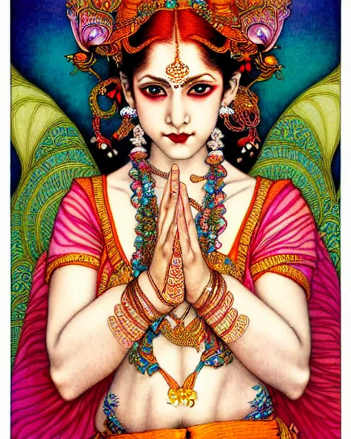 Image similar to beautiful and playful ginger hindu dancer, art nouveau, fantasy, intricate indian flower designs, elegant, highly detailed, sharp focus, art by chie yoshii