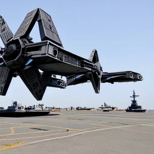 Prompt: a tie fighter lands on a usa aircraft carrier