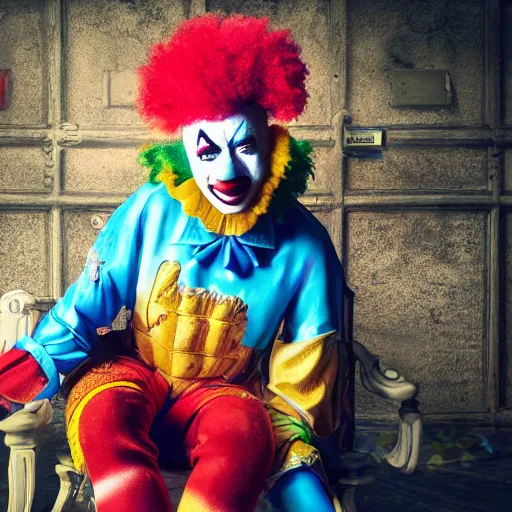 Image similar to klaus schwab wearing bizarre clown makeup, and intricate clown costume, sitting on a throne in an abandoned bathroom, by rossdraws, vivid colors, studio lighting, digital artwork, uhd, best of artstation