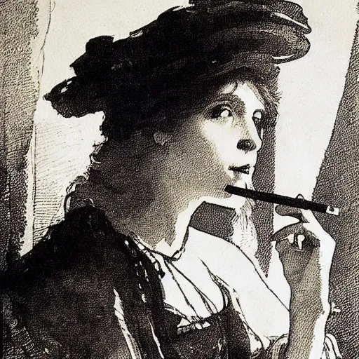 Image similar to the alchemical art of etching by master anders zorn. damsel smoking a long cigarette. ink highly detailed lines