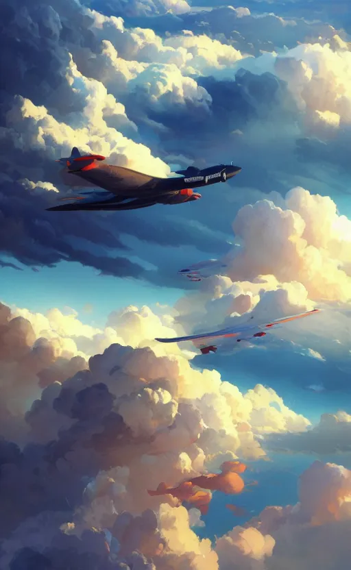 Prompt: a beautiful artwork illustration, aircraft hovering above breathtaking clouds, high contrast, high contrast, high contrast, vibrant colors, vivid colors, high saturation, by Greg Rutkowski and Jesper Ejsing and Raymond Swanland, featured on artstation, wide angle, vertical orientation