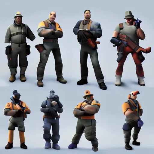 Prompt: 3d render minimalistic octane team fortress characters