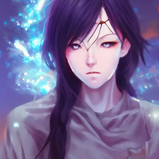 Image similar to A realistic anime painting of a broken cyborg woman with glowing crystal blue eyes. digital painting by Sakimichan, Makoto Shinkai, Rossdraws, Pixivs and Junji Ito, digital painting. trending on Pixiv. SFW version —H 1024