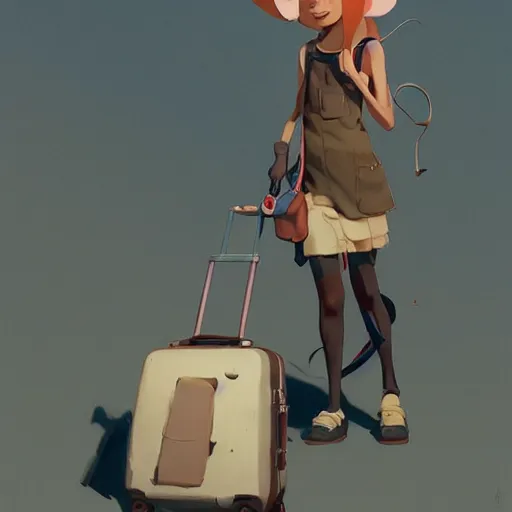 Prompt: goro fujita ilustration heerful girl taking the suitcases out of her house, characterized by masamune shirow, by greg rutkowski., character art, sharp focus, highly detailed, artstation