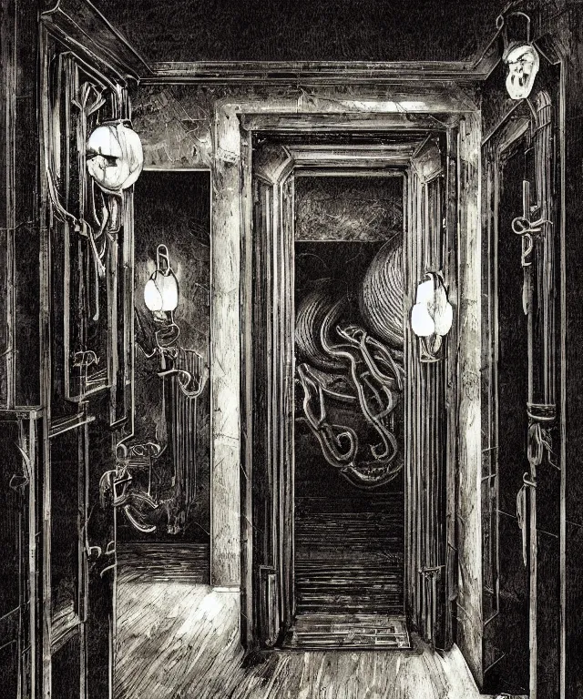 Image similar to horrifying photorealistic painting of a 1 9 2 5 hotel elevator lobby with teeth instead of elevator doors, opening sideways with a tentacle licking out, dark, atmospheric, brooding, smooth, finely detailed, cinematic, epic, lovecraft, in the style of larry elmore