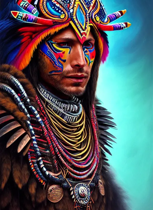 Prompt: portrait of jensen ackle, hyper detailed ultra sharp aztec shaman warrior. trending on artstation, warpaint aesthetic, bloodwave, colorful, psychedelic, ornate, intricate, digital painting, concept art, smooth, sharp focus, illustration, art by artgerm and greg rutkowski and h. r. giger, 8 k