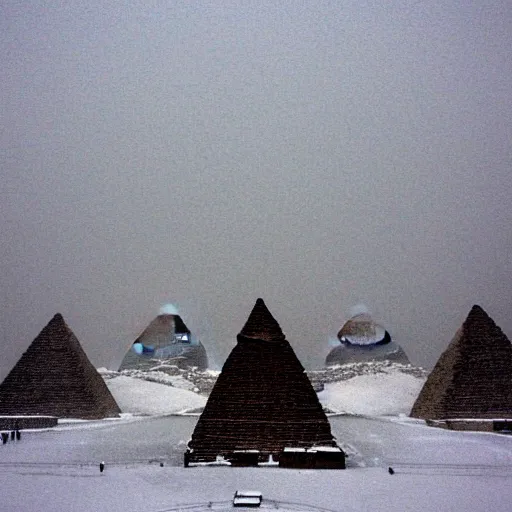 Prompt: snow storm at giza pyramid