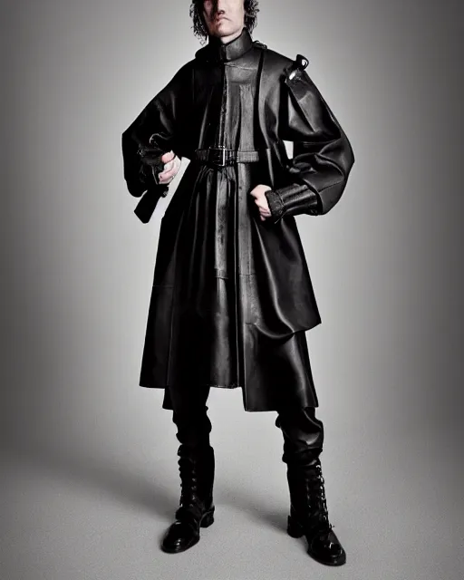 Prompt: an award - winning editorial photo of an extremely baggy but cropped ancient medieval designer menswear leather police jacket with an oversized large collar and baggy bootcut trousers designed by alexander mcqueen, 4 k, studio lighting, wide angle lens