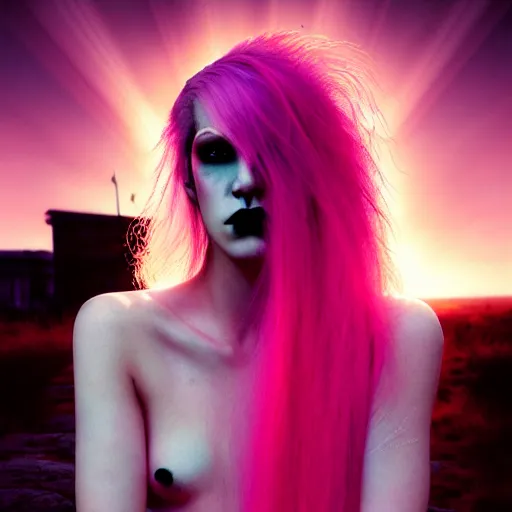 Image similar to photographic portrait of a stunningly beautiful gothic punk cyberpunk pink hair female in soft dreamy light at sunset, god rays, contemporary fashion shoot, by edward robert hughes, annie leibovitz and steve mccurry, david lazar, jimmy nelsson, breathtaking, 8 k resolution, extremely detailed, beautiful, establishing shot, artistic, hyperrealistic, beautiful face, octane render