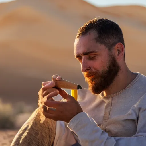 Prompt: portrait of a man in cameo sitting in the desert eating some delicious crayons, beautiful composition, 5 0 mm f 1. 8, ambient light