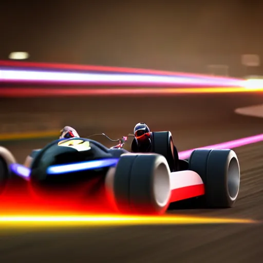 Image similar to go - kart racer taking a corner at speed on a race track, motion blur, laser, smoke, debris, fast movement, artistic angle, light streaks, dark mood, night time, octane render, ultra realistic