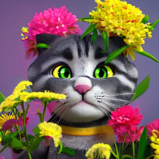 Image similar to tabi cat with flowers, anime, disney, pixar, 8 k, hd, dof, kodak film, volumetric lighting, subsurface scattering, photorealistic, octane render, details