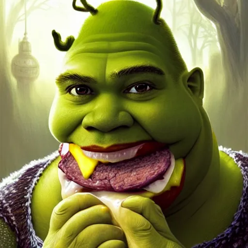 Prompt: portrait of shrek eating hamburgers, extra onions and ketchup, luscious patty with sesame seeds, feminine ethereal, handsome, d & d, fantasy, intricate, elegant, highly detailed, digital painting, artstation, concept art, matte, sharp focus, illustration, art by artgerm and greg rutkowski and alphonse mucha