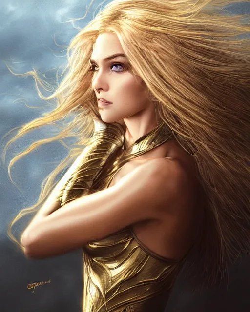 Image similar to golden pencil drawing of beautiful robot - cat woman face, goddess, beautiful blonde hair flying in the wind, hyper realistic face, in the style of greg rutkowski, fantasy, amazing detail, epic, elegant, smooth, sharp focus, from the front