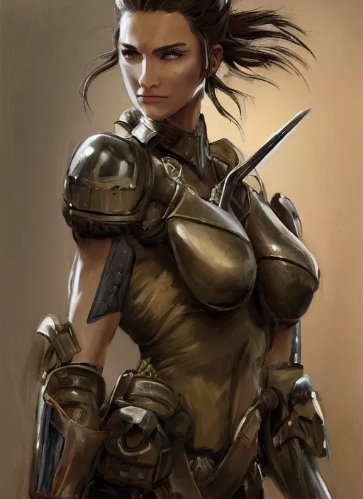 Image similar to a professionally painting of an attractive young female, partially dressed in military armor, olive skin, long dark hair, beautiful bone structure, perfectly proportioned, symmetrical facial features, intricate, elegant, heroic pose, digital painting, concept art, illustration, sketch-like, sharp focus, finely detailed, from Metal Gear, in the style of Ruan Jia and Mandy Jurgens and William-Adolphe Bouguerea