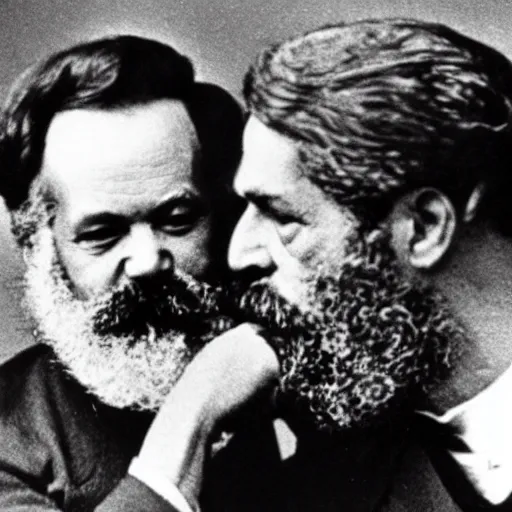 Image similar to Karl Marx and Sigmund Freud hugging and kissing, 1920, Bedroom backround