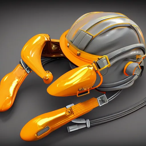 Image similar to photo of hyper detailed boxcutter hard surface modelling rear view of yellow orange and gold astronaut helmet, arstation, cables wires, heart symbols, unreal engine 5