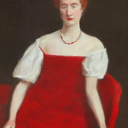 Prompt: portrait of a woman wearing white and red, by robert gunn.