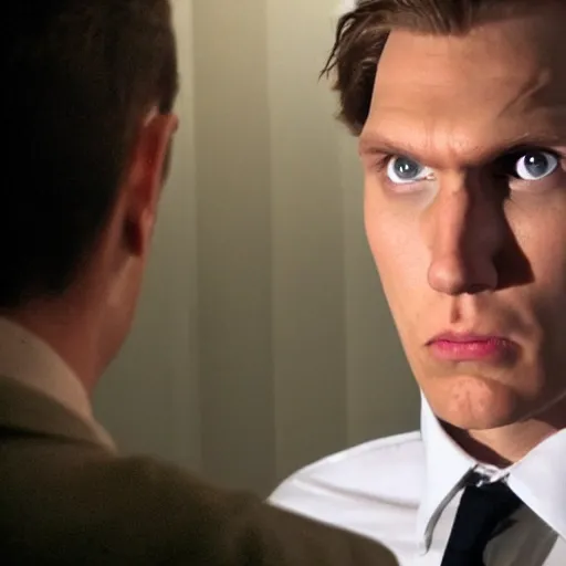 Prompt: jerma staring threateningly at the camera, hyper realistic, photography, centered, american psycho