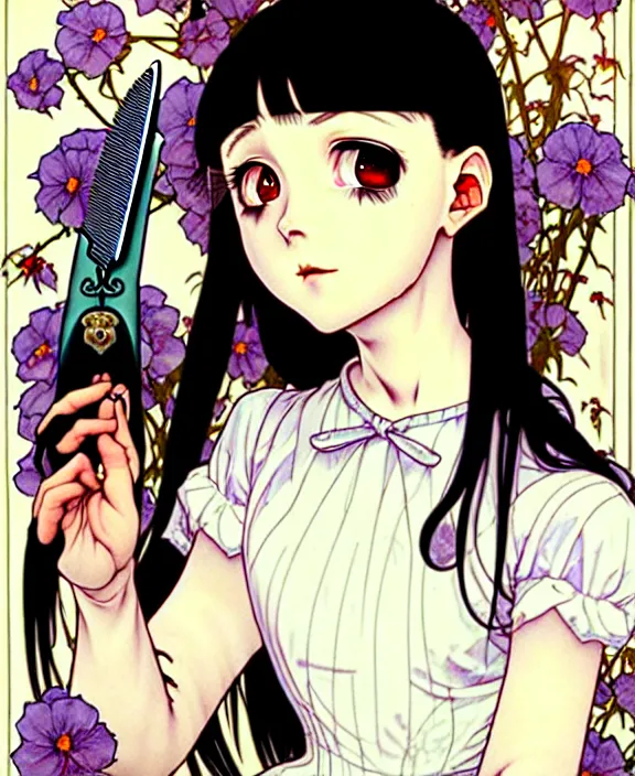 Image similar to portrait of a morbid 18 year old young woman wearing a cottage-core aesthetic dress with straight silky black hair, in a butcher shop, queen of sharp razor blades, in the style of Range Murata and by Alphonse Mucha and by Katsuhiro Otomo.