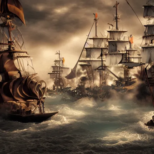 Prompt: pirate ship battle in a bath tub, highly detailed, cinematic lighting, render, fantasy