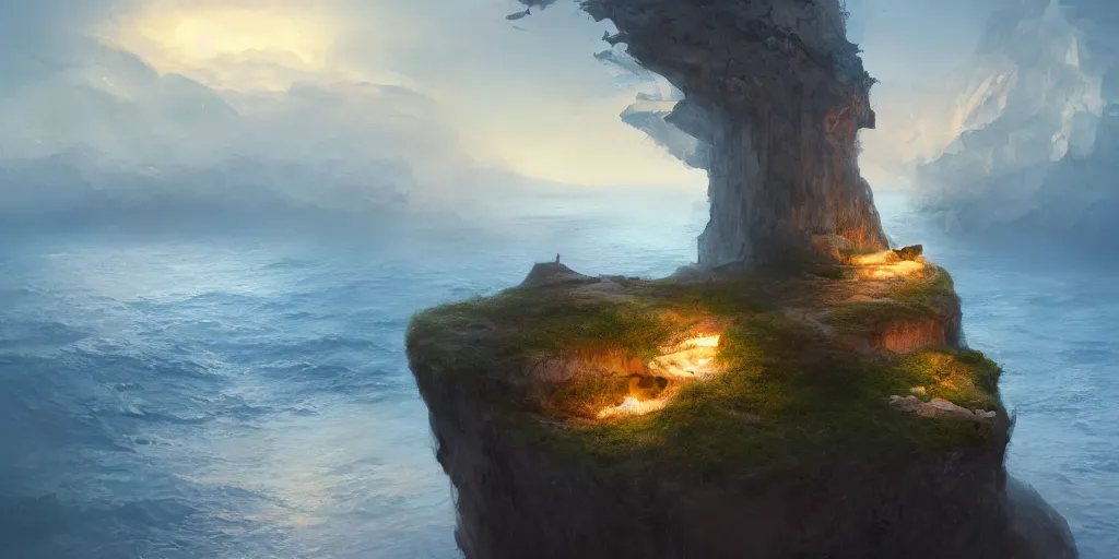 Prompt: a cavern on the edge of a cliff overlooking the ocean at night by Jessica Rossier, trending on artstation