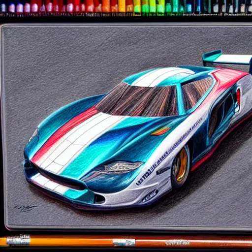 Image similar to Colored pencil art on paper, Race Car, highly detailed, artstation, MasterPiece, Award-Winning, Caran d'Ache Luminance