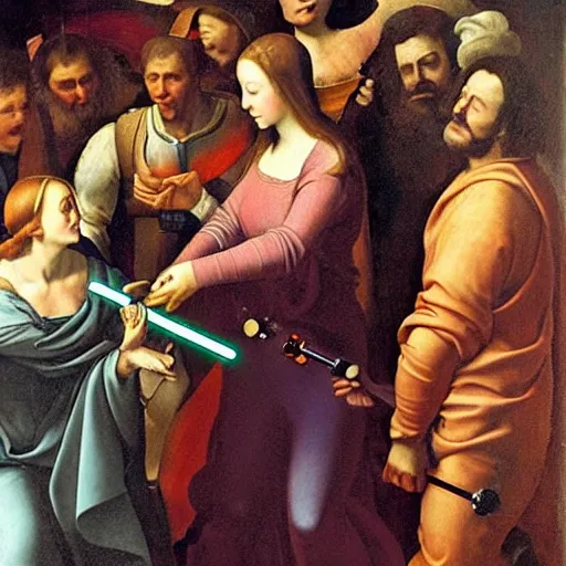 Prompt: renaissance painting of a princess holding a lightsaber