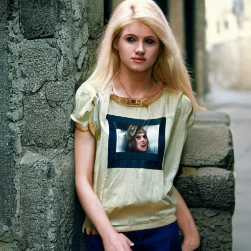 Prompt: photograph by steve mccurry of blonde female in her twenties wearing designer top