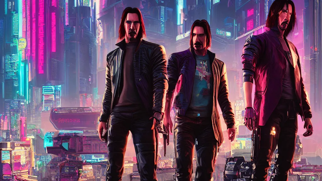 Image similar to a cyberpunk 2077 srcreenshot couple portrait of one Keanu Reeves and two hot female androids,love,film lighting,by Laurie Greasley,Lawrence Alma-Tadema,Dan Mumford,John Wick,Speed,Replicas,artstation,deviantart,FAN ART,full of color,Digital painting,face enhance,highly detailed,8K,octane,golden ratio,cinematic lighting