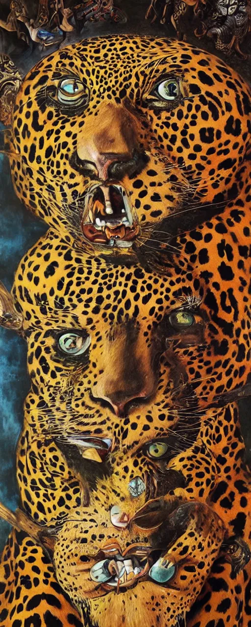 Image similar to an intricated and detailed painting of a shaman turning into a jaguar by salvador dali 4 k render