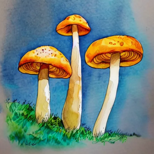 Prompt: water color and pen, high resolution, detailed, trending on artstation, chanterelle mushrooms