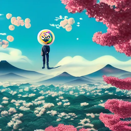 Image similar to a man walking on clouds away from the camera above kyoto by takashi murakami, beeple and james jean, aya takano color style, 4 k, super detailed, modern, 4 k, symmetrical