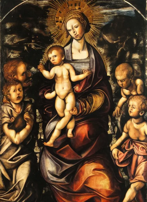 Image similar to the machina madonna and child. transhumanism. a masterpiece by tintoretto.