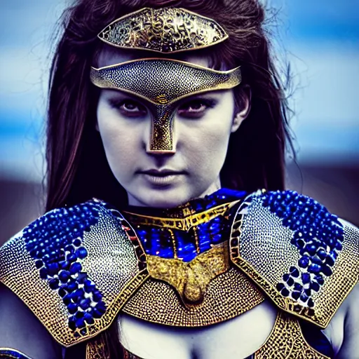 Image similar to photo of a real-life beautiful female warrior with sapphire encrusted armour