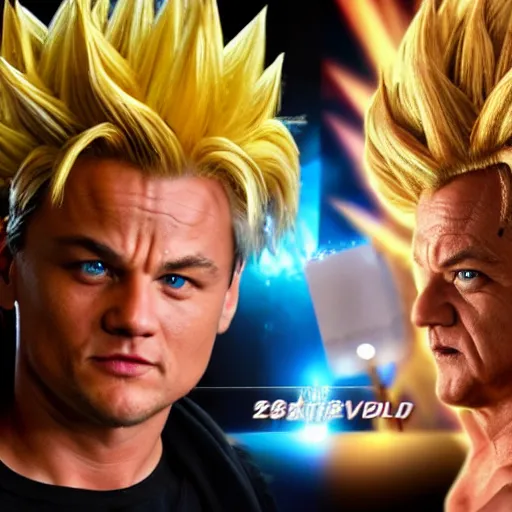 Image similar to Photo realistic live action Super Saiyan Leonardo Di Caprio vs Majin Bill Murray WWE takedown ray traced 8K anti-aliased highly detailed cinematic render award winning photography pay-per-view screen recording