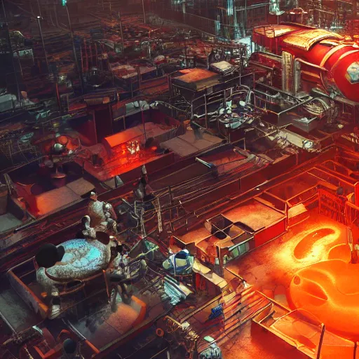 Image similar to a giant mickey mouse head, factory floor, surrounded by factory workers, octane render, cgstation, 3 d render, very detailed, mindblowing, blood and guts, gritty, cyberpunk, cinematic lighting, hyper realism, netflix logo