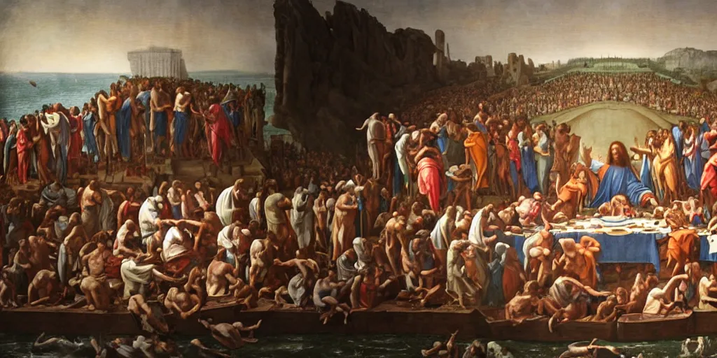 Prompt: a mix between the last supper, the raft of the medusa and the school of athens, matte painting, oil canvas, photorealistic illustration, extreme detail, hyper realistic, highly detailed, digital art